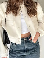 Women's Cropped Bomber Jacket | Button Varsity Shackets with Pockets