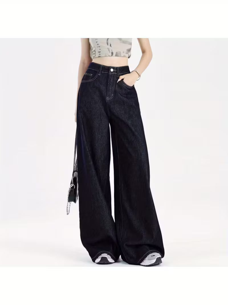 Women'S High-Waist Wide-Leg Jeans - Dark Blue Loose Fit Draped Denim Pants with Pockets, Relaxed American Style for Casual & Stylish Outfits, High Waisted Jeans, Comfortable Fashion, Durable Fabric