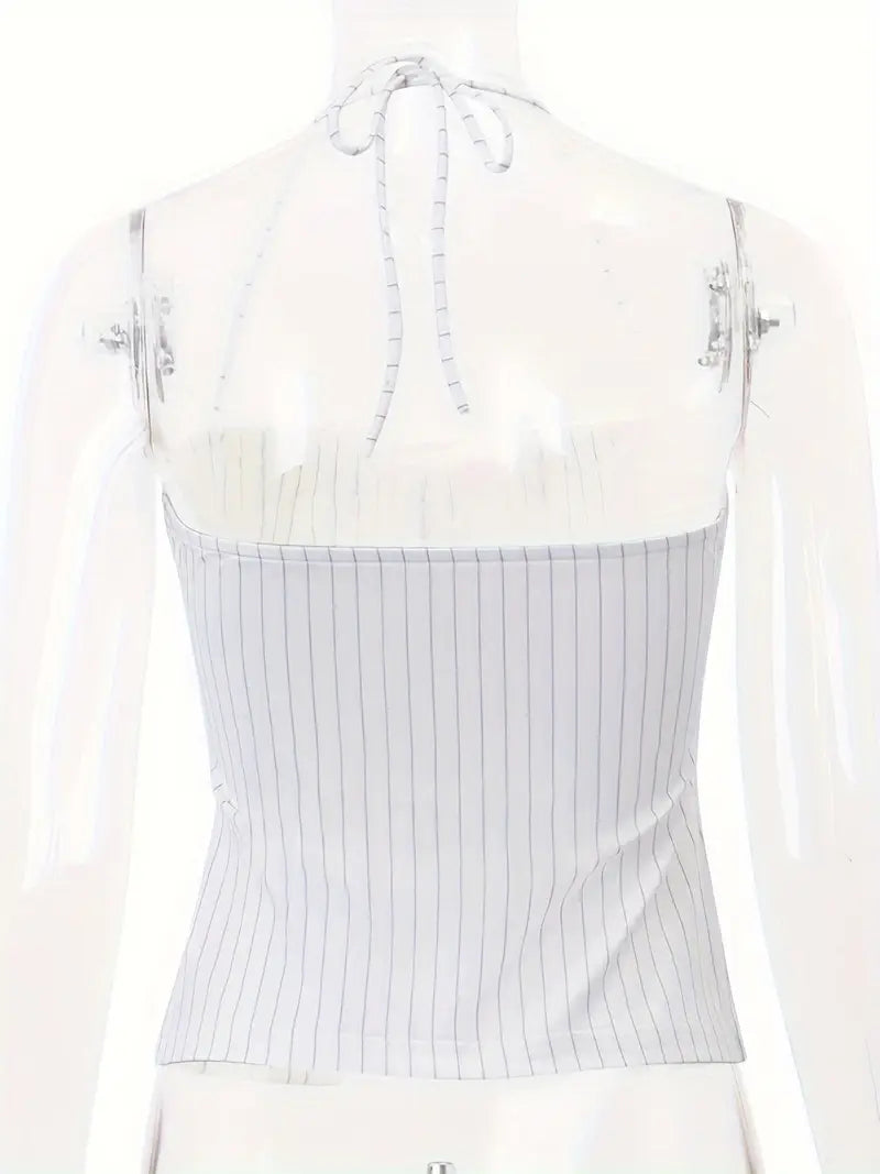Women Stripe Tank Tops Buttons Slit Halter Neck Sleeveless Vests Summer Backless Short Tops Streetwear