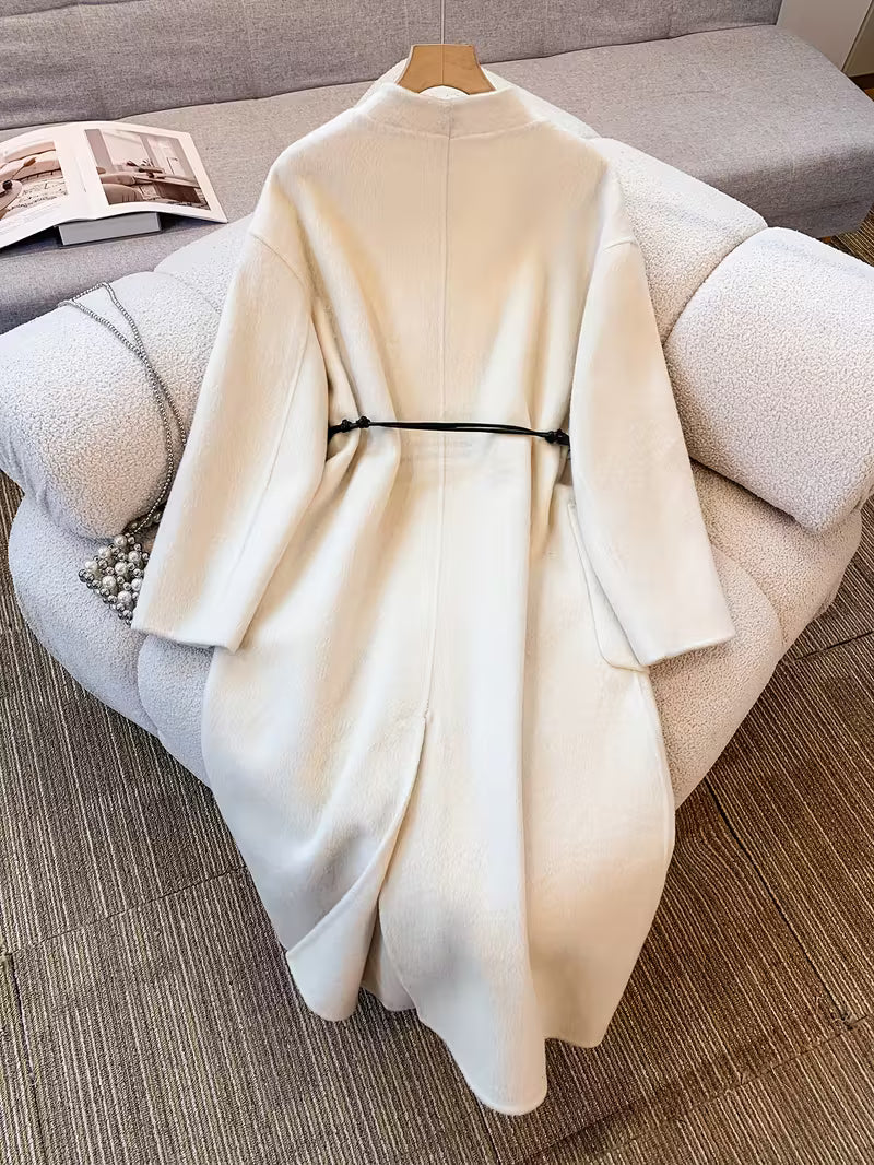 Women's Elegant Beige Winter Coat - Formal & Everyday Outerwear with Waist Belt, Structured Cold-Weather Jacket for Office, Parties, Everyday Outfits