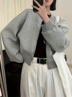 Women's Casual Elegant Gray Cropped Baseball Jacket | Long Sleeve, Button-Up Front, Pockets, All-Season Wear, Perfect for Casual Attire, Structured Design