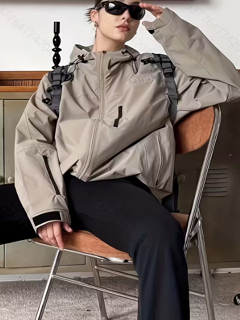 Women'S Windproof Full-Zip Hooded Jacket - Loose-Fit Long Sleeve Windproof Coat with Full-Zip Front Closure, Beige/Black/Gray/Navy/White - All-Season Casual Outerwear for, Travel