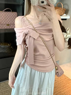 Chic Off-Shoulder Ruffle Top with Bow Detail - Versatile, Slimming, Short Sleeve T-Shirt for Young Women, Spring/Summer Fashion, Casual Attire|Chic Offshoulder Top|Ruffle Detail Top, Offshoulder Tops