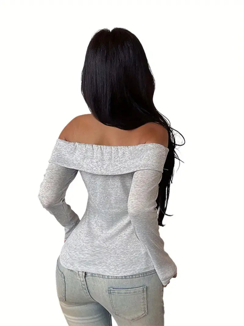 Women Solid Fall Tops Slim Fold Over Off Shoulder Long Sleeve Crop Shirt Casual Streetwear