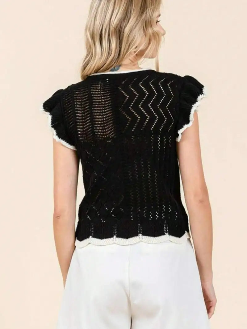 Womens Casual Knit Chic Contrast Ruffle Trim Diamond Pattern Sleeveless Crop Top Black White Scalloped Hem Round Neck Textured Summer Spring Party Evening Date Night Weekend