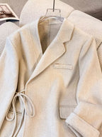 Women's Elegant White Wool Coat - Short Length Lapel Collar Tailored Winter Jacket with Belt