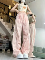 Quick-Dry Ice Sliky Fiber Fabric Bow Tie Wide-Leg Pants Women's Loose Fit Korean Style Straight Casual Long Trousers Ins Trend Design Slim-Fit Sports Pants