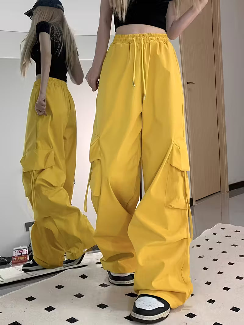 Y2K Style Women'S Cargo Pants - Stretchy Waist Wide-Leg Trousers with Large Pockets, Loose Fit Casual Outdoor & Leisure Wear, Solid Color, Versatile Trousers | Y2K Fashion Pants | Elastic Waistband Pants