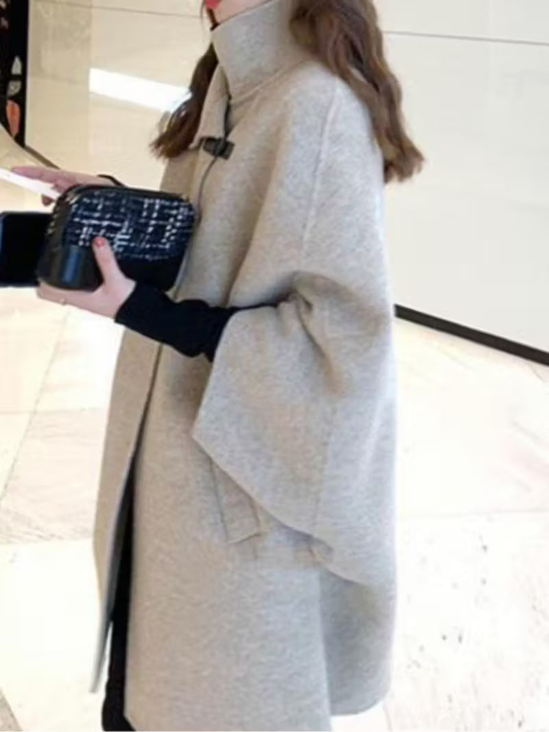 Women's Japanese Korean Style Cape Coat - Elegant Mid-Length Winter Coat with Hood-like Collar, Long Sleeve Korean Hanbok-Inspired Outerwear, Pockets & Smooth- (No Padding) for Fall & Winter, Casual to Formal Events