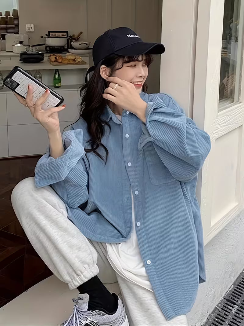 Women's Corduroy Blazer Jacket - Oversized Collar Long Sleeve Coat, Corduroy Button-Front Jacket for Spring/Fall Layering, Casual & Professional Wear (No Belt, Hand Wash/Dry Clean)