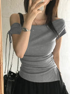 Women's Korean Style Off-Shoulder Short Sleeve T-Shirt - Lightweight Stretchy Top with Tie-Front Detail, Machine Washable Solid Color Casual Chic Blouse for Spring/Summer