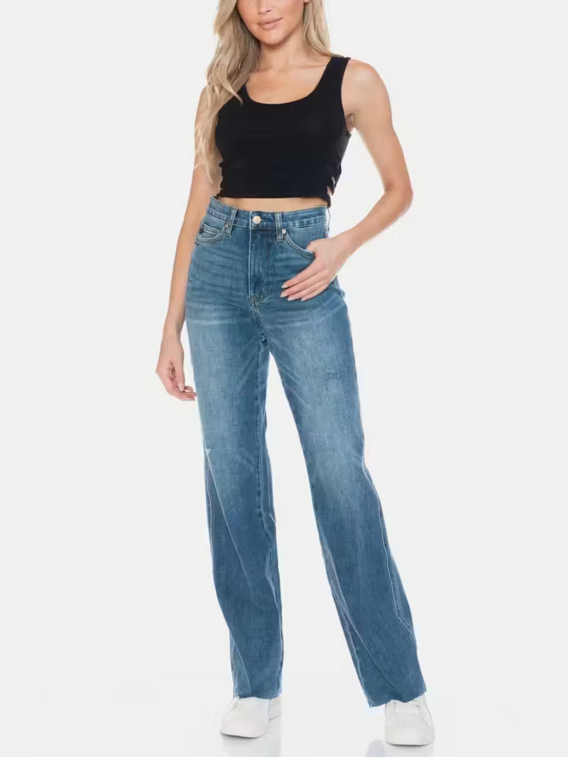 Women's Casual Straight Jeans Retro Tummy Control Denim Pants Medium Wash High-Rise Full-Length Distressed Detailing Button And Zip Closure Five-Pocket Design Relaxed Fit Perfect For All-Seasons Evertday Wear Outings Travel Weekend Looks