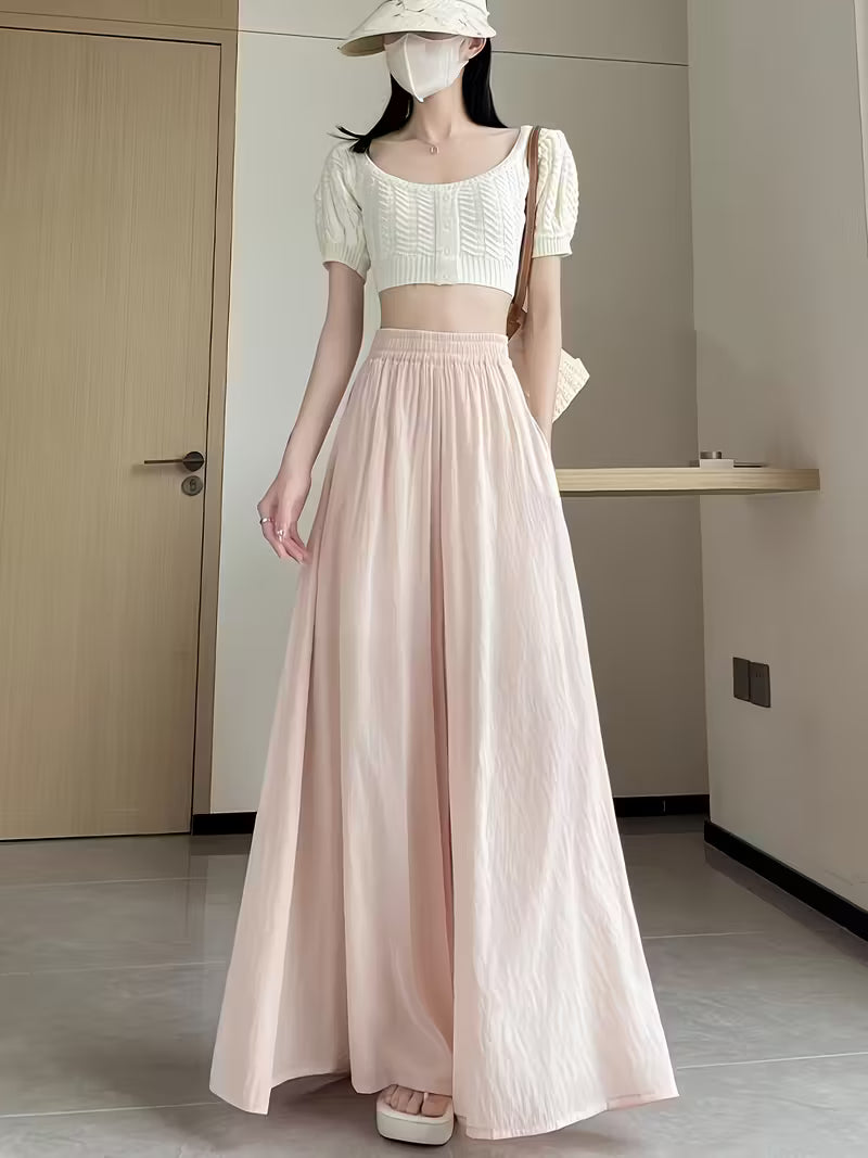 Women'S Elegant Wide-Leg Pants - Soft Pink, Loose Fit, Elastic Waist, Lightweight & Comfortable for Spring/Summer/Fall, Casual Outings & Vacations, Casual Attire|Elastic Waistband|Comfortable Fit, Plus Size Pants