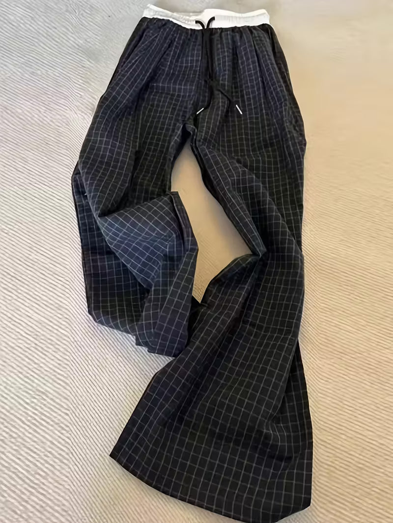 Women's Non-Stretch Pants - Elegant Casual Trousers with Drawstring Waist, Navy & Black Grid Pattern for Everyday Formal Outfits - Machine Washable Non-Stretchy Leg Pants, Summer Leisurewear, Smooth Texture Fabric