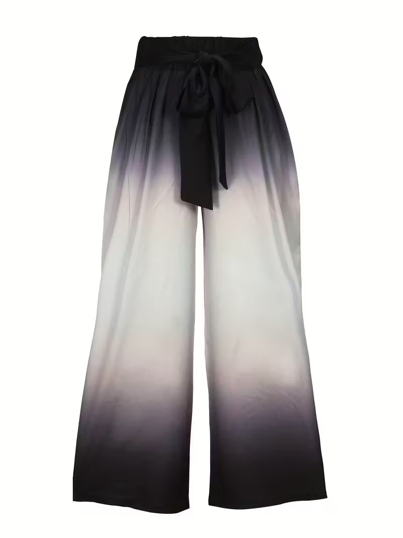 Women's Elegant Black to Gray Gradient Wide-Leg Pants with Adjustable Waistband & Pockets - Smooth Non-Stretch Fabric, All-Season Casual & Formal Trousers, Machine Washable Opaque Legwear for Work, Semi-Formal & Everyday Outfits