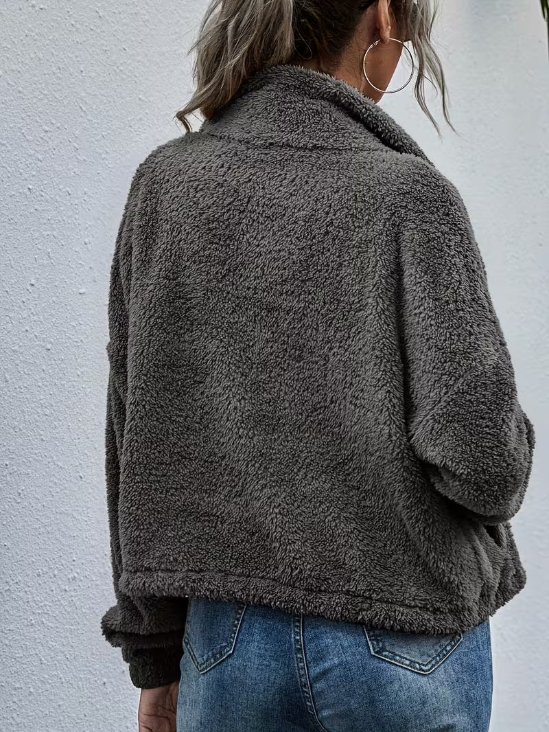 Grey Stand-up Collar Coat For Women, Loose Zipper Cardigan For Autumn And Winter, Short Thick And Warm Plush Top, Dress, Elegant, Winter, Long Dress, Winter Jacket, Sweater, Pullover, Autumn And Winter Set, Halloween, Christmas