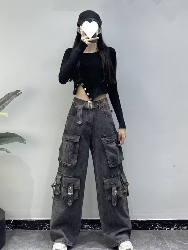 Women'S High Street Cargo Jeans - Classic Black & Design, Multi-Pocket High-Waisted Wide-Leg Fit, Loose Floor-Length Style for Streetwear & Casual Outfits, Spring/Summer Versatile Fashion Pants
