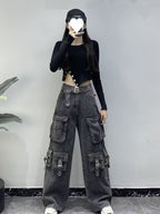 Women'S High Street Cargo Jeans - Classic Black & Design, Multi-Pocket High-Waisted Wide-Leg Fit, Loose Floor-Length Style for Streetwear & Casual Outfits, Spring/Summer Versatile Fashion Pants