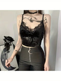 Y2K Style Women'S Floral Lace Trim V-Neck Sleeveless Crop Top - Polyester Knit Fabric Gothic Camisole Tank for Summer - Contrast Lace Slingback Cami for Casual and Clubwear