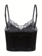 Y2K Style Women'S Floral Lace Trim V-Neck Sleeveless Crop Top - Polyester Knit Fabric Gothic Camisole Tank for Summer - Contrast Lace Slingback Cami for Casual and Clubwear