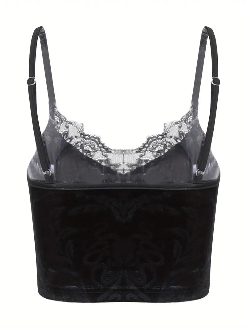 Y2K Style Women'S Floral Lace Trim V-Neck Sleeveless Crop Top - Polyester Knit Fabric Gothic Camisole Tank for Summer - Contrast Lace Slingback Cami for Casual and Clubwear