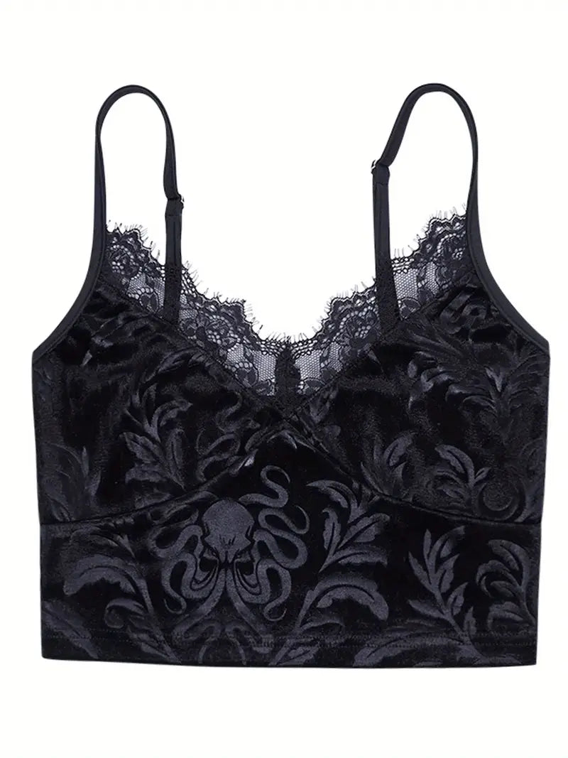 Y2K Style Women'S Floral Lace Trim V-Neck Sleeveless Crop Top - Polyester Knit Fabric Gothic Camisole Tank for Summer - Contrast Lace Slingback Cami for Casual and Clubwear