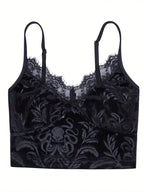 Y2K Style Women'S Floral Lace Trim V-Neck Sleeveless Crop Top - Polyester Knit Fabric Gothic Camisole Tank for Summer - Contrast Lace Slingback Cami for Casual and Clubwear