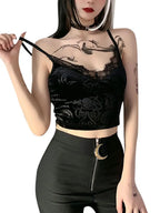 Y2K Style Women'S Floral Lace Trim V-Neck Sleeveless Crop Top - Polyester Knit Fabric Gothic Camisole Tank for Summer - Contrast Lace Slingback Cami for Casual and Clubwear