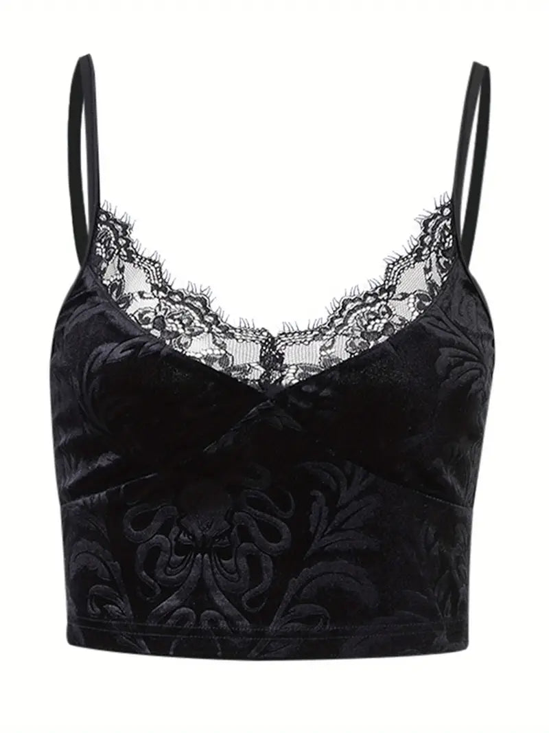 Y2K Style Women'S Floral Lace Trim V-Neck Sleeveless Crop Top - Polyester Knit Fabric Gothic Camisole Tank for Summer - Contrast Lace Slingback Cami for Casual and Clubwear