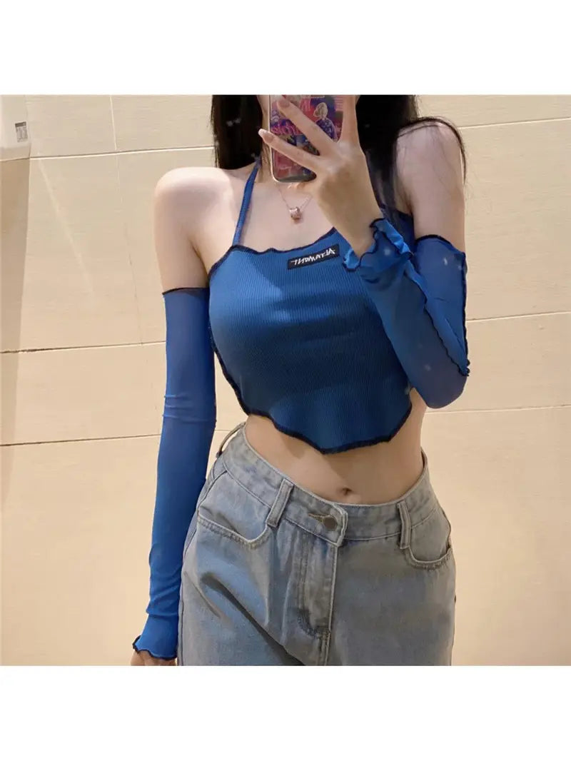 Women's Ribbed Crop Top | Off-Shoulder Camisole with Half Sleeves | Casual Summer Wear | Blue, Glossy Finish | Stylish Scalloped Edges & Contrast Trim | Breathable Knit Fabric | Ideal for Everyday Fashion