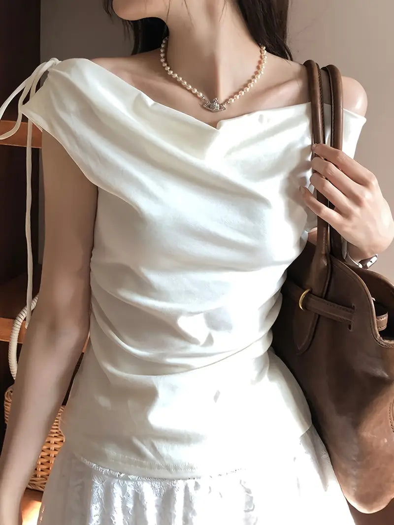 Women's Korean Style Off-Shoulder Short Sleeve T-Shirt - Lightweight Stretchy Top with Tie-Front Detail, Machine Washable Solid Color Casual Chic Blouse for Spring/Summer
