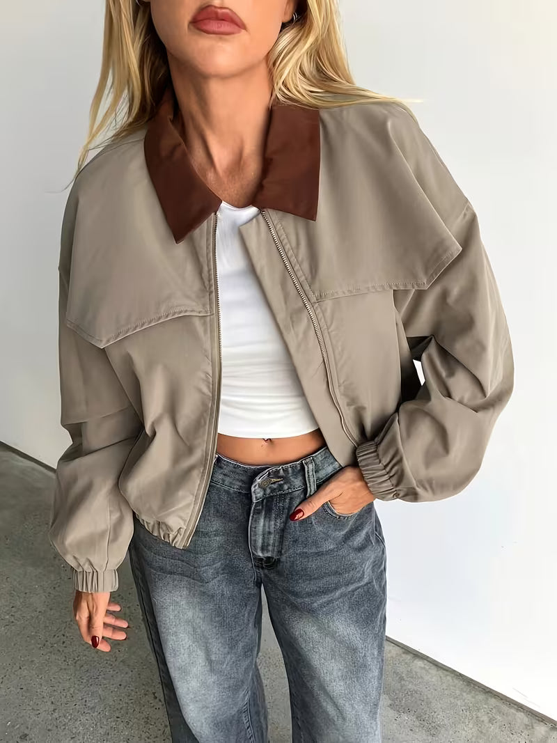 Lightweight Women's Casual Contrast Collar Short Jacket | Relaxed Fit Zip-Up Spring/Fall Coat with Pockets, Brown & White Color Block Design, Hand Washable, Breathable Material
