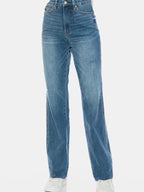 Women's Casual Straight Jeans Retro Tummy Control Denim Pants Medium Wash High-Rise Full-Length Distressed Detailing Button And Zip Closure Five-Pocket Design Relaxed Fit Perfect For All-Seasons Evertday Wear Outings Travel Weekend Looks