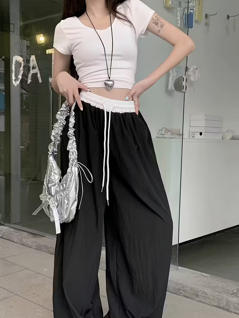 Stylish Color-Block High-Waist Elastic Waist Casual Wide-Leg Pants