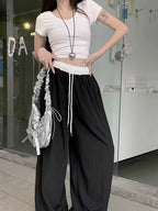 Stylish Color-Block High-Waist Elastic Waist Casual Wide-Leg Pants