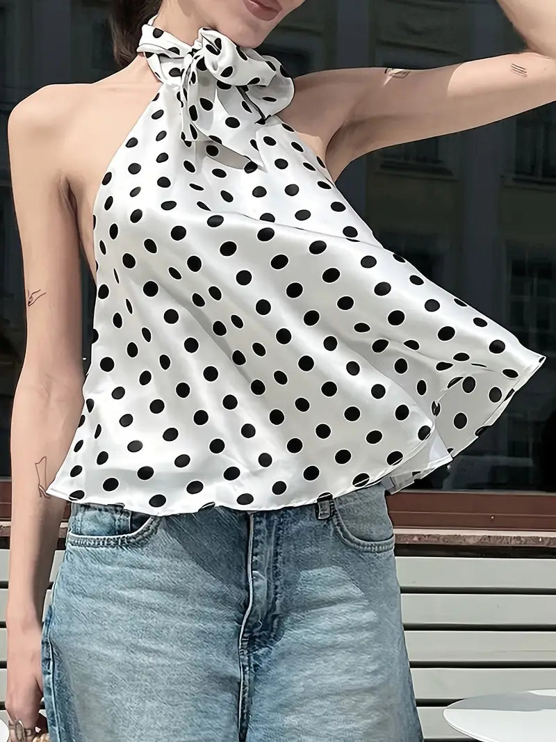 Y2K Retro Polka Dot Halter Neck Tank Top for Women - Elegant Backless Summer Casual Vest with Tie-Front Detail, Black & White Vintage Style, Perfect for Vacation or Everyday Outfits, Versatile Fashion | Vintage Halter Top | Tiefront Detailing
