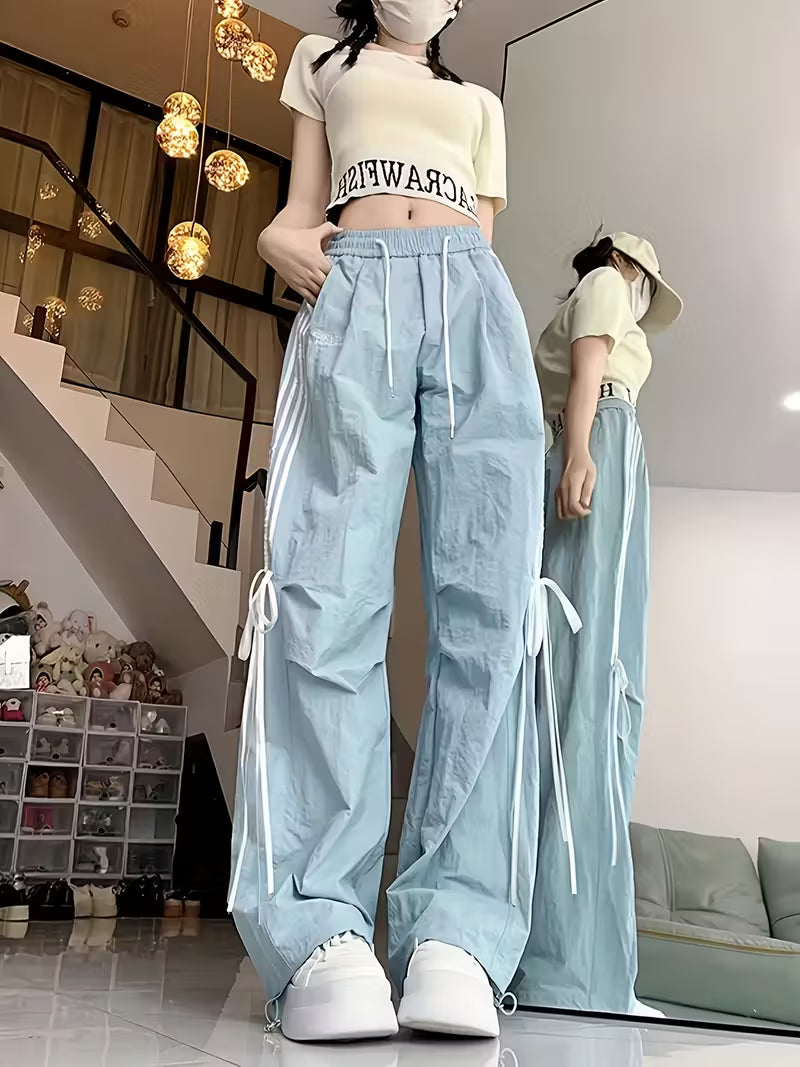 Quick-Dry Ice Sliky Fiber Fabric Bow Tie Wide-Leg Pants Women's Loose Fit Korean Style Straight Casual Long Trousers Ins Trend Design Slim-Fit Sports Pants