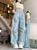 Quick-Dry Ice Sliky Fiber Fabric Bow Tie Wide-Leg Pants Women's Loose Fit Korean Style Straight Casual Long Trousers Ins Trend Design Slim-Fit Sports Pants
