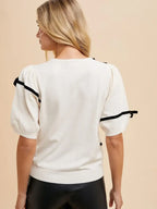 Womens Casual French Chic Bow Stripe Decorated Knit Top White Black Contrast Half Sleeve Round Neck Lightweight Elegant Spring Summer Office Work Wear Blouse