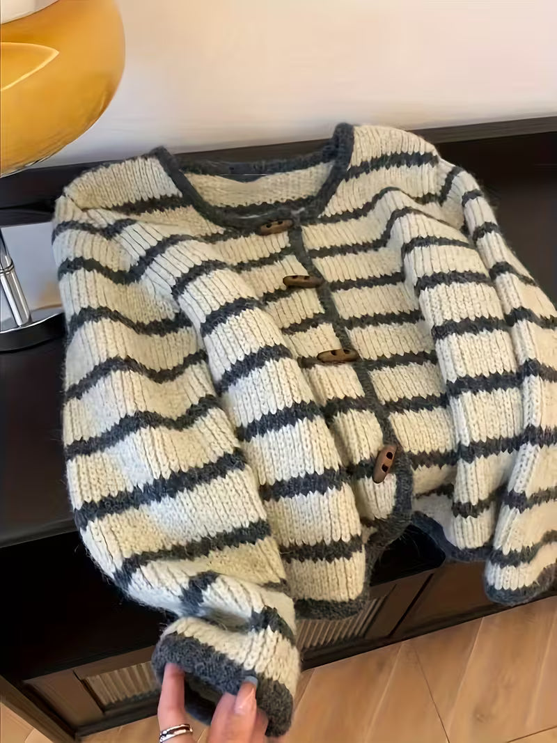 Women'S Vintage Sweater cardigan - Soft Loose Fit Jacket with Front Button Closure, & Brown Horizontal Stripes, All-Season Layering Piece for Casual Formal Outfits - Easy Care Everyday Chic Outerwear