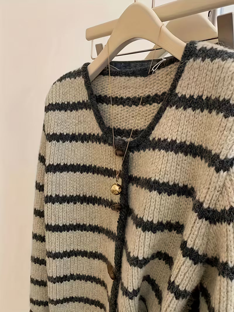 Women'S Vintage Sweater cardigan - Soft Loose Fit Jacket with Front Button Closure, & Brown Horizontal Stripes, All-Season Layering Piece for Casual Formal Outfits - Easy Care Everyday Chic Outerwear
