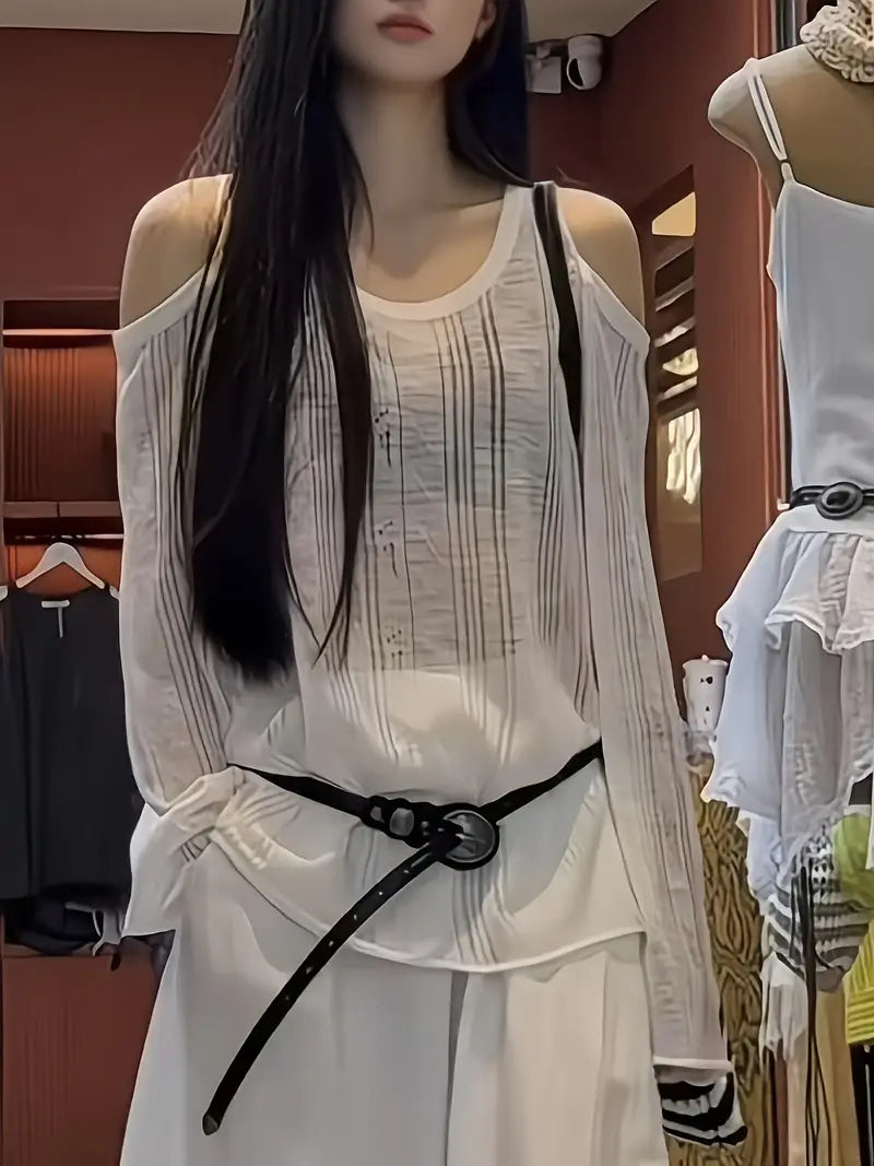 Marie·CoCo French-Inspired Off-Shoulder Top - Vintage Style, Loose Fit, White Ruffled Sleeveless Blouse for Women, Perfect for Spring/Summer/Fall, Casual Chic Outfit, Spring Summer Fashion, Offshoulder Fashion, Ruffled Sleeve Design