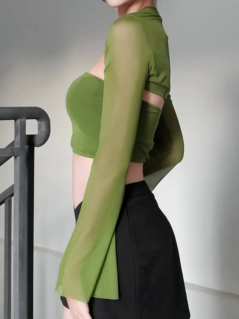 1 Set Women'S Sexy Off-Shoulder Crop Top with Long Mesh Sleeves - Solid Color Knit Fabric, Polyester, Regular Length, Spring/Fall Collection