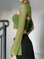 1 Set Women'S Sexy Off-Shoulder Crop Top with Long Mesh Sleeves - Solid Color Knit Fabric, Polyester, Regular Length, Spring/Fall Collection