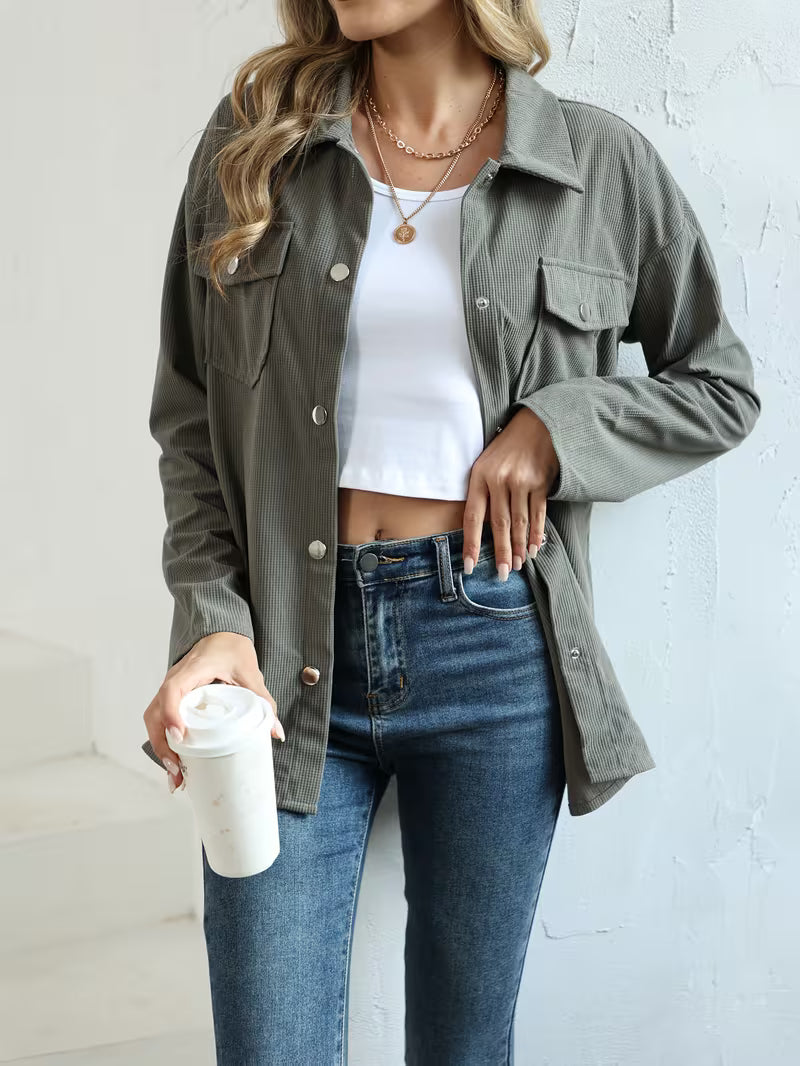 Solid Color Single Breasted Corduroy Jacket, Elegant Long Sleeve Jacket For Spring & Fall, Women's Clothing