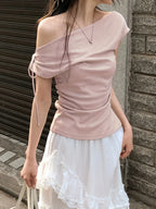 Women's Korean Style Off-Shoulder Short Sleeve T-Shirt - Lightweight Stretchy Top with Tie-Front Detail, Machine Washable Solid Color Casual Chic Blouse for Spring/Summer