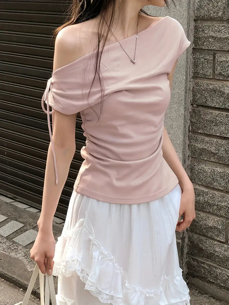 Women's Korean Style Off-Shoulder Short Sleeve T-Shirt - Lightweight Stretchy Top with Tie-Front Detail, Machine Washable Solid Color Casual Chic Blouse for Spring/Summer