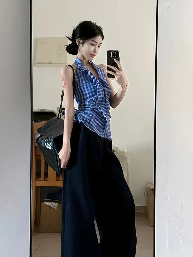 Women'S Elegant V-Neck Halter Top - Slim Fit Blue & White Gingham Check Tank Top with Bow Detail, All-Season Versatile Shirt for Casual & Formal Outfits