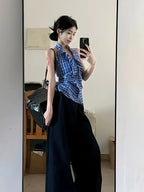 Women'S Elegant V-Neck Halter Top - Slim Fit Blue & White Gingham Check Tank Top with Bow Detail, All-Season Versatile Shirt for Casual & Formal Outfits