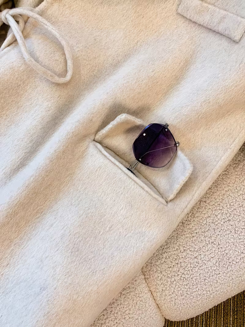 Women's Elegant White Wool Coat - Short Length Lapel Collar Tailored Winter Jacket with Belt